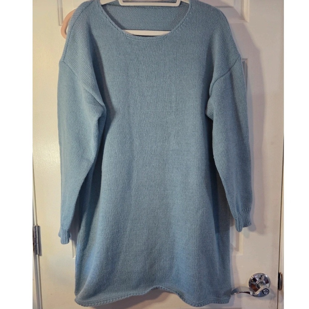 Womens Light Blue Knit Sweater Long Sleeve Crew Neck Oversized 1XL
